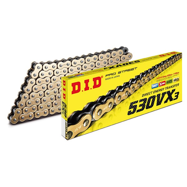 CATENA TRASMISSIONE MOTO DID 530 VX3 ORO NERO 124 MAGLIE CON GIUNTO A RIVETTO ZJ