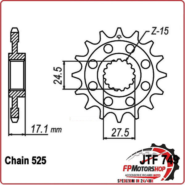 PIGNONE TRASMISSIONE PER MOTO JT 749 Z15 JTF749.15 15 DENTI ACCIAIO PASSO 525