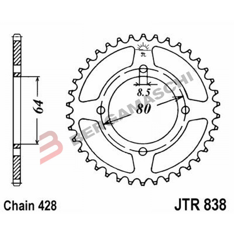 CORONA PER TRASMISSIONE MOTO JT 838 Z43 JTR838.43 43 DENTI ACCIAIO PASSO 428