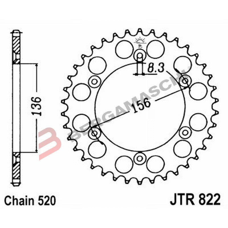 CORONA PER TRASMISSIONE MOTO JT 822 Z52 JTR822.52 52 DENTI ACCIAIO PASSO 520
