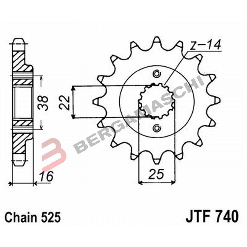 PIGNONE TRASMISSIONE PER MOTO JT 740 Z14 JTF740.14 14 DENTI ACCIAIO PASSO 525