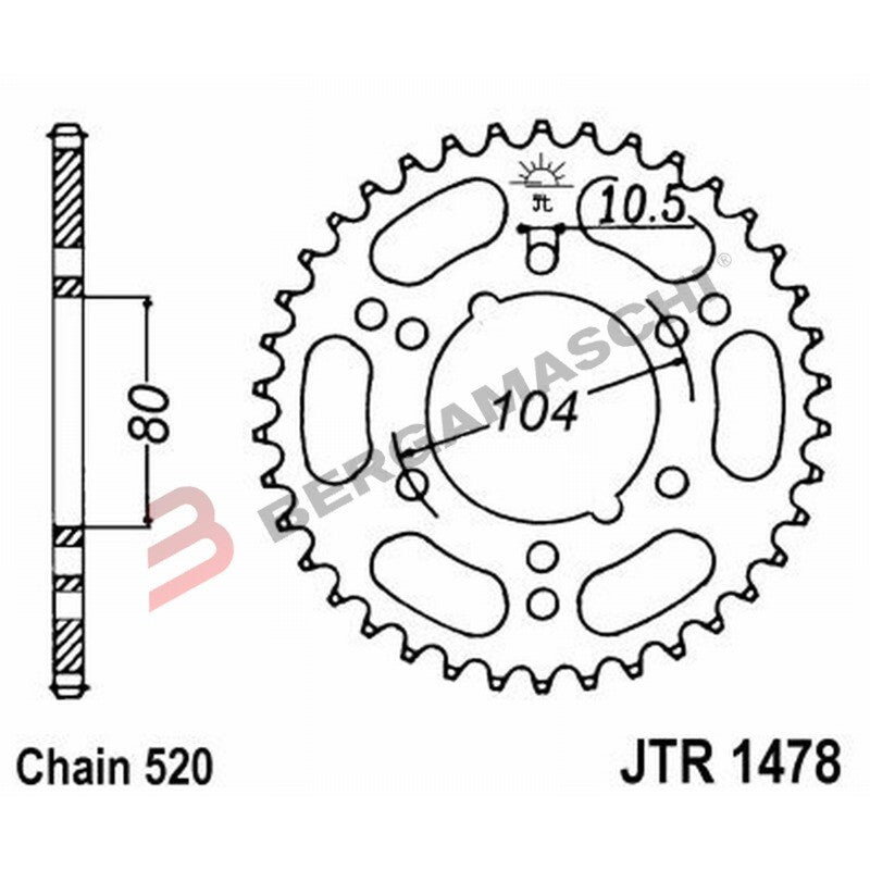CORONA PER TRASMISSIONE MOTO JT 1478 Z43 JTR1478.43 43 DENTI ACCIAIO PASSO 520