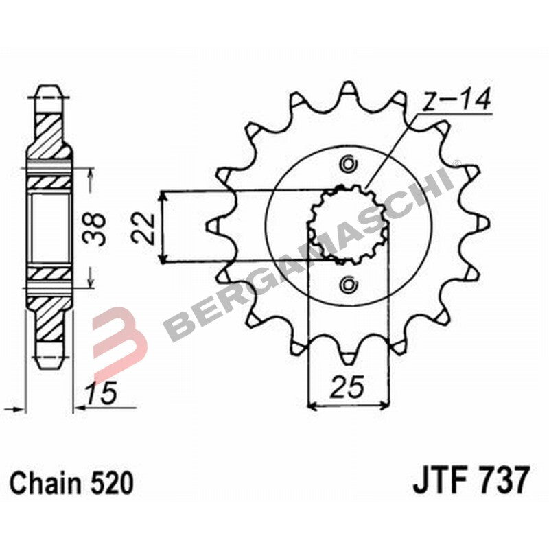 PIGNONE TRASMISSIONE PER MOTO JT 737 Z14 JTF737.14 14 DENTI ACCIAIO PASSO 520