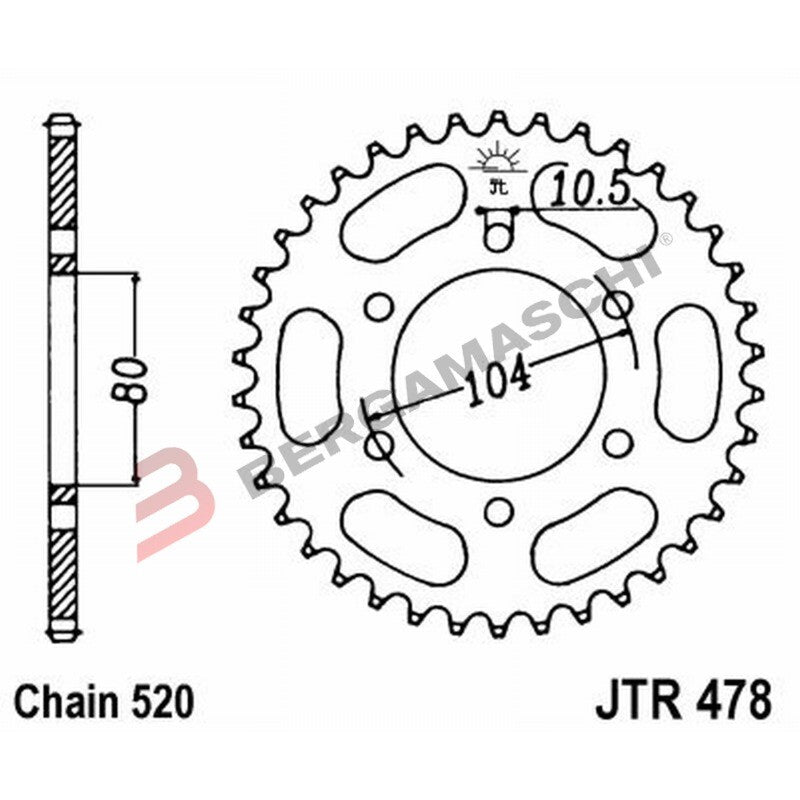 CORONA PER TRASMISSIONE MOTO JT 478 Z46 JTR478.46 46 DENTI ACCIAIO PASSO 520