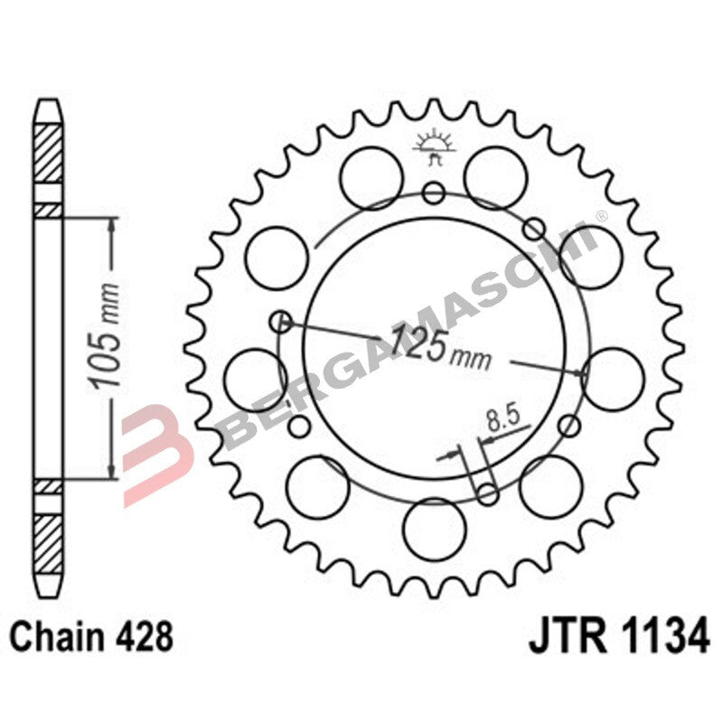 CORONA PER TRASMISSIONE MOTO JT 1134 Z54 JTR1134.54 54 DENTI ACCIAIO PASSO 428