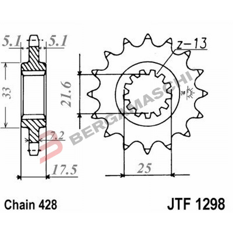 PIGNONE TRASMISSIONE PER MOTO JT 1298 Z17 JTF1298.17 17 DENTI ACCIAIO PASSO 428