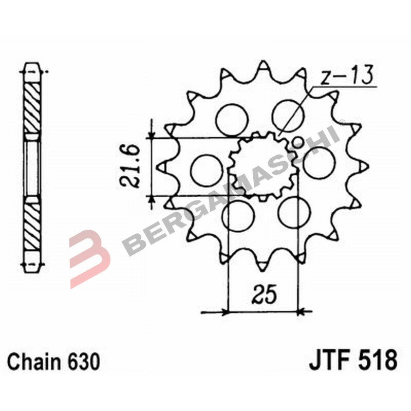 PIGNONE TRASMISSIONE PER MOTO JT 518 Z13 JTF518.13 13 DENTI ACCIAIO PASSO 630