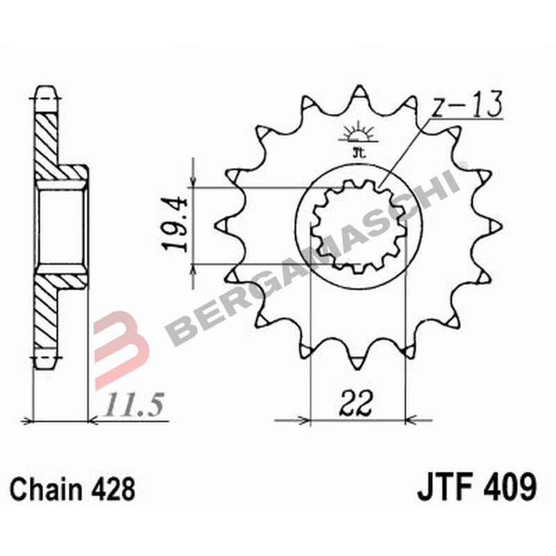 PIGNONE TRASMISSIONE PER MOTO JT 409 Z14 JTF409.14 14 DENTI ACCIAIO PASSO 428
