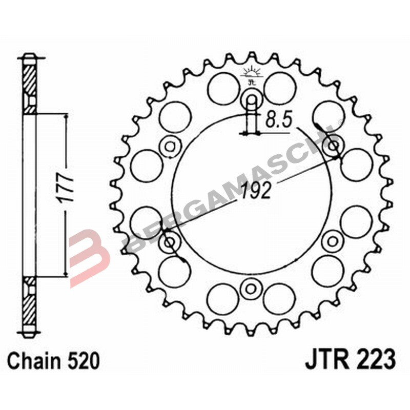 CORONA PER TRASMISSIONE MOTO JT 223 Z52 JTR223.52 52 DENTI ACCIAIO PASSO 520