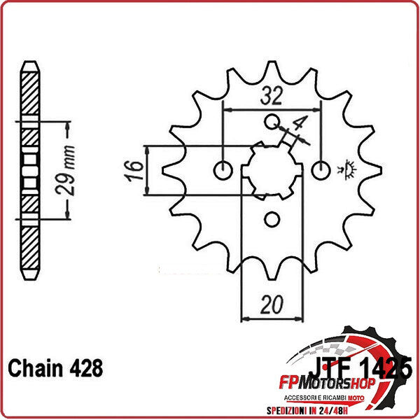 PIGNONE TRASMISSIONE PER MOTO JT 1425 Z14 JTF1425.14 14 DENTI ACCIAIO PASSO 428