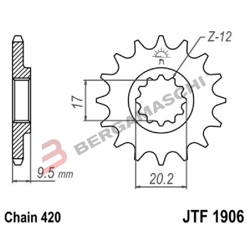 PIGNONE TRASMISSIONE PER MOTO JT 1906 Z12 JTF1906.12 12 DENTI ACCIAIO PASSO 420