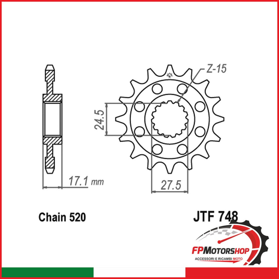 PIGNONE TRASMISSIONE PER MOTO DUCATI JT 748 Z14 JTF748.14 14 DENTI ACCIAIO 520 - foto brandizzata